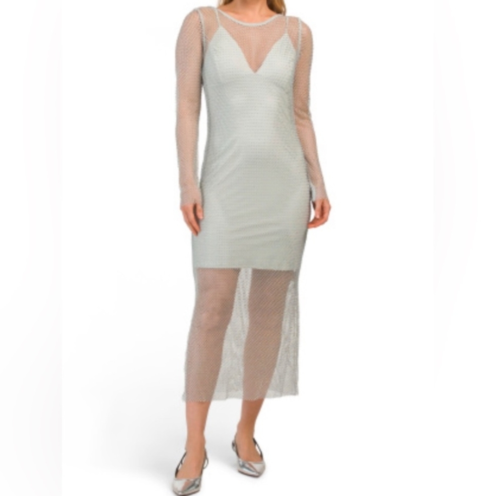 NWT House of Harlow 1960 Mesh Rhinestone Y2K Long Slv Dress Light‎ Blue SIZE XXS